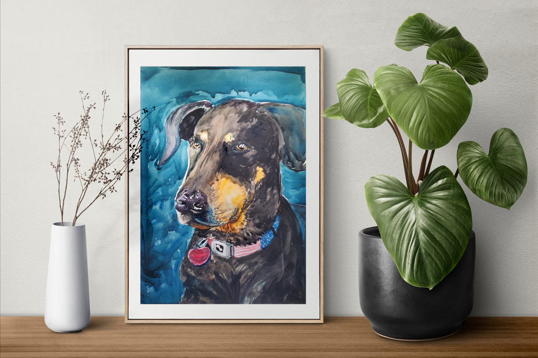 Pet Portraits by Chris Potts. The picture shows a pitbull mix painted in stark blues and lavenders complemented by a misty crimson background 